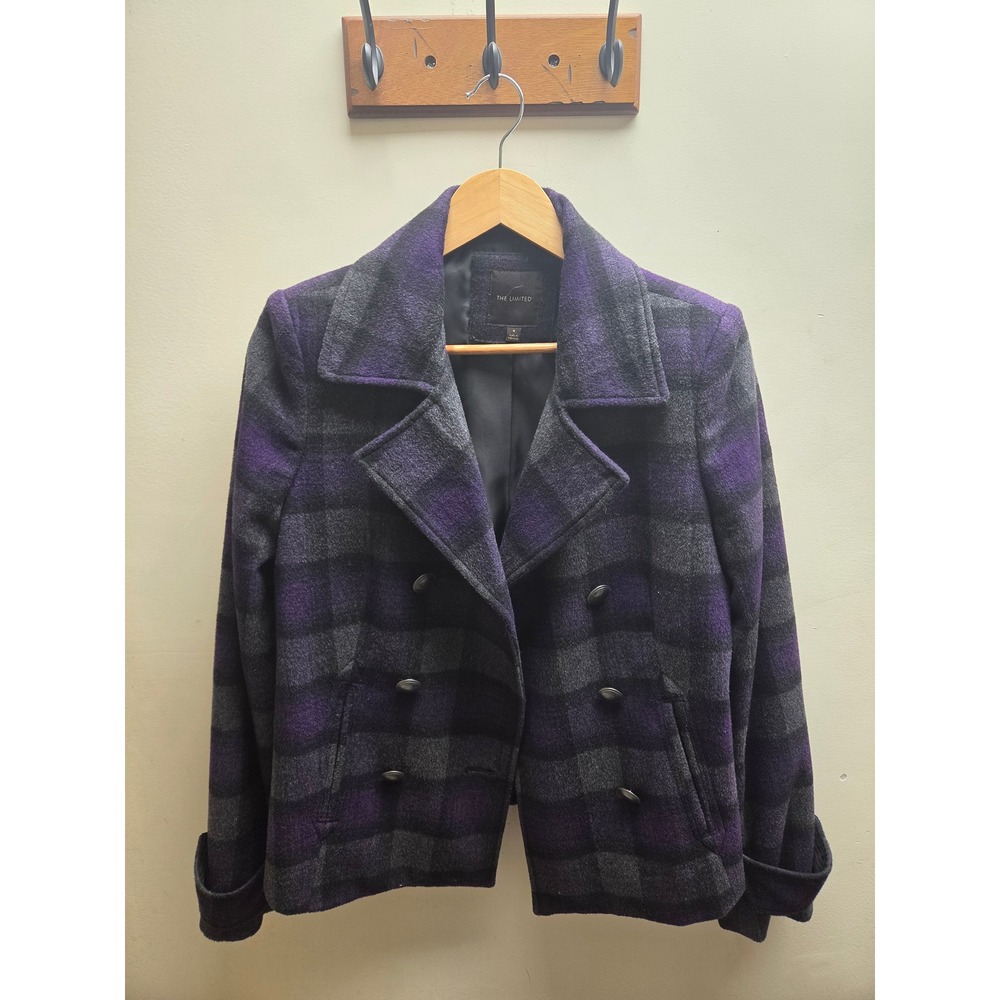 The Limited Womens Purple Grey Plaid Wool Blend Double Breasted‎ Pea Coat Small